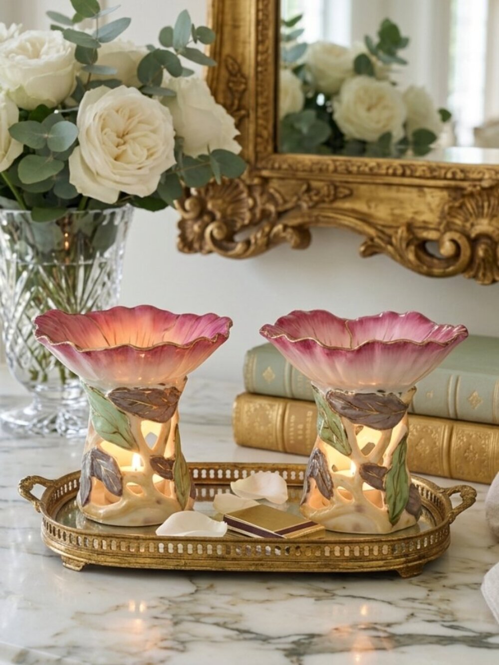 Hand Painted Floral Glazed Ceramic Wax Melt Warmers Set 2 Pink Gold New - Picture 6 of 8